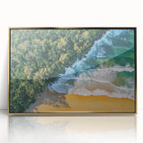Framed acrylic artwork depicting a serene beach landscape with golden accents, ideal for home decor and coastal-themed interiors. Captivating visual for art enthusiasts.