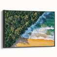 Framed canvas artwork depicting a serene beach landscape with vibrant colors, showcased from a side view against a black frame, ideal for home decor.