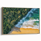 Framed canvas artwork depicting a serene beach landscape with golden accents, highlighting vibrant colors and detailed textures, ideal for coastal home decor.