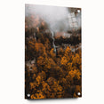 Large abstract wall art depicting fall season in muted orange and brown tones, acrylic glass, ideal for dining room decor.