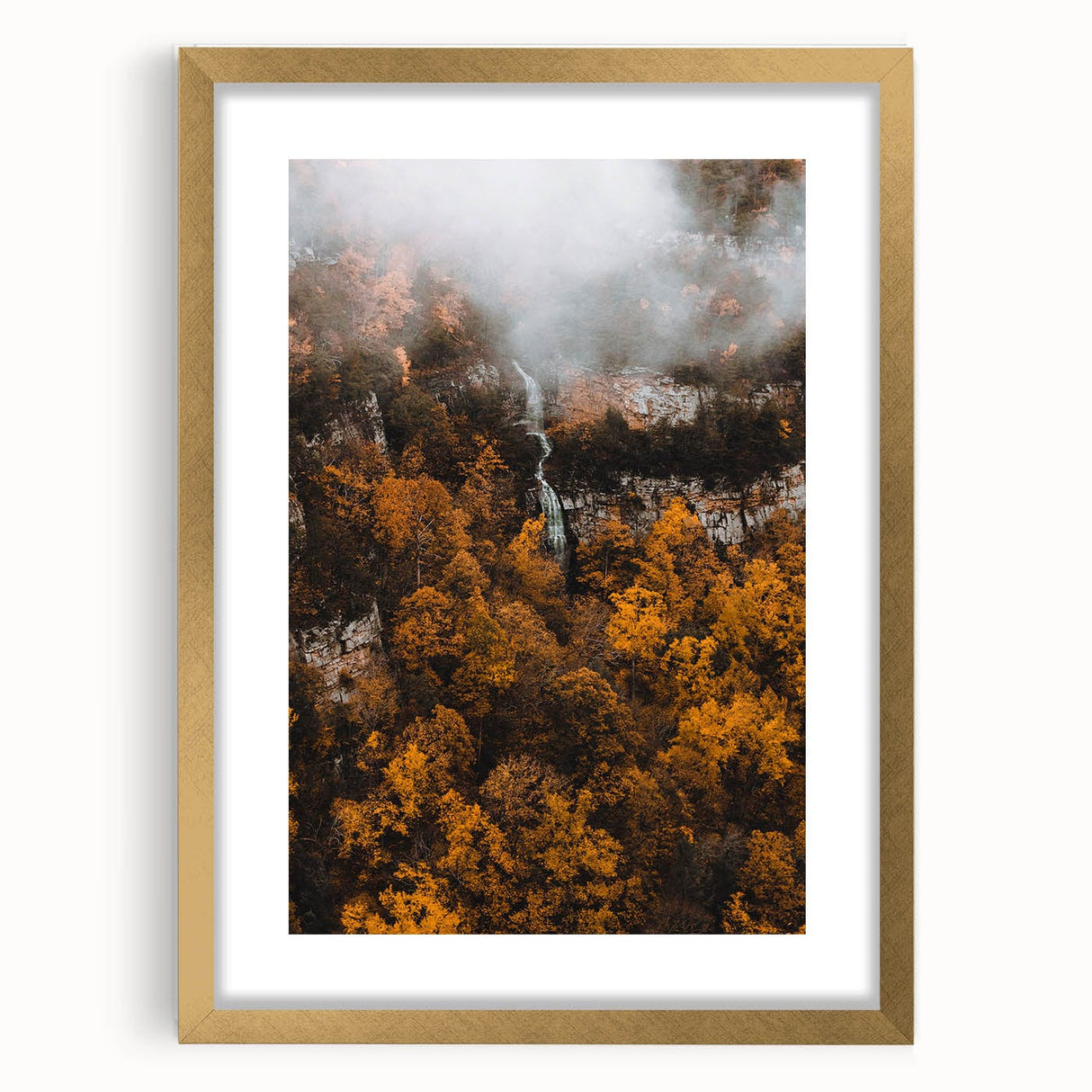 Extra large abstract art print with textured fall colors on a gold-framed canvas, ideal for living room decor.