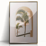 Large art print of a mid-century modernist summer scene in pastel colors on a gold-framed acrylic.