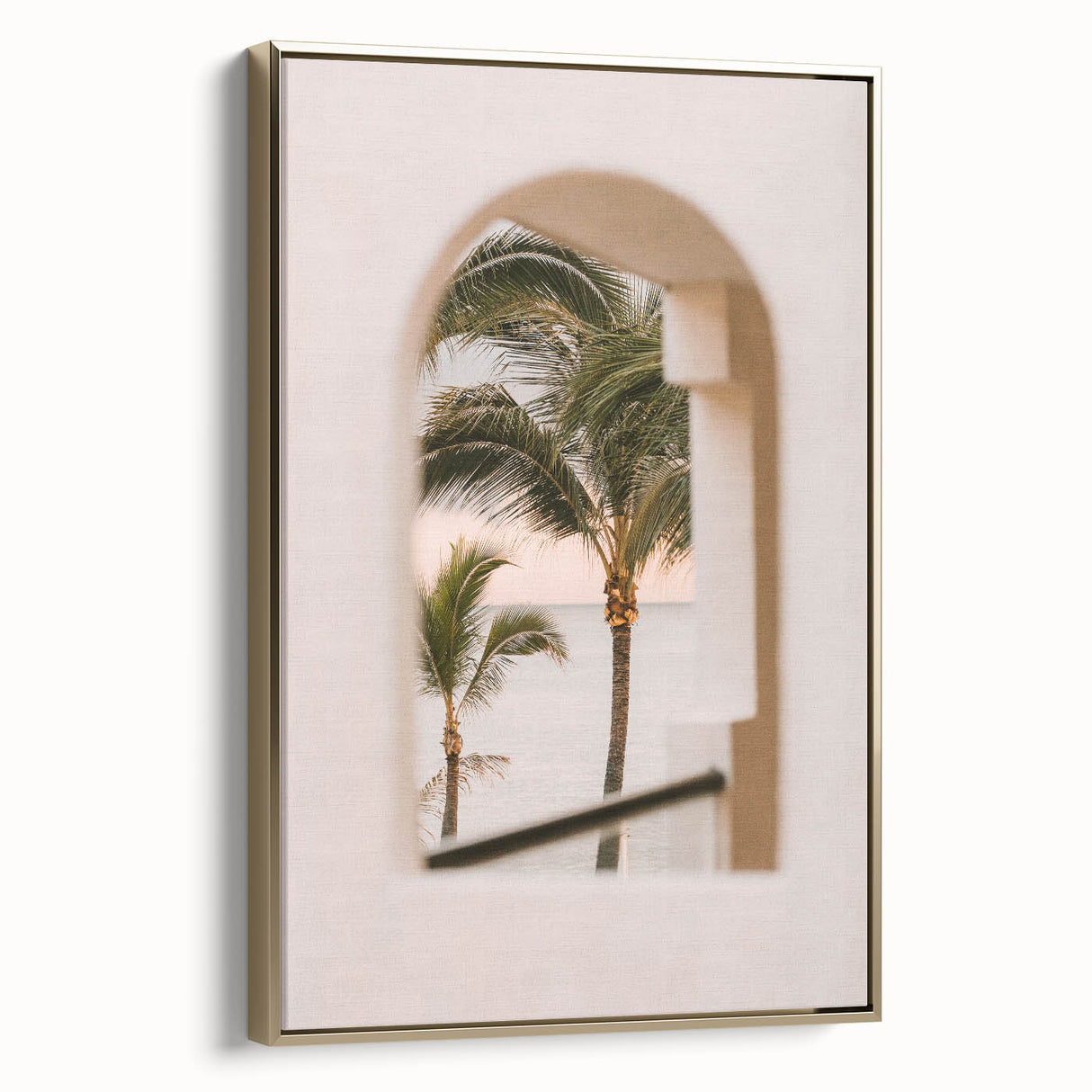 Framed canvas depicting a vintage poster-style landscape with summer motifs in gold and black, ideal for bedroom wall art.