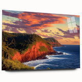 Acrylic landscape artwork depicting dramatic cliffs in vibrant colors, displayed in a sleek glass frame, perfect for modern home decor.