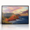 Framed acrylic artwork showcasing a breathtaking landscape of rugged cliffs under a clear blue sky, enhanced with a sleek black frame, perfect for modern home decor.