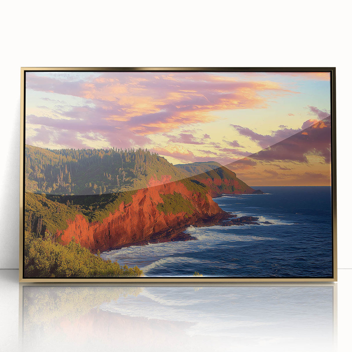 Framed acrylic artwork featuring a stunning landscape of cliffs, highlighted with gold accents, ideal for modern home decor. Perfect for adding elegance and depth to living spaces.