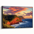 Framed canvas depicting a dramatic landscape of towering cliffs with a vibrant sunset, featuring a sleek black frame that enhances the artwork's depth and beauty. Perfect for adding a touch of nature-inspired elegance to any room decor.