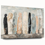 Abstract figurative acrylic artwork displayed in a glass frame, featuring vibrant colors and intricate details, accented by decorative pins, ideal for modern decor.