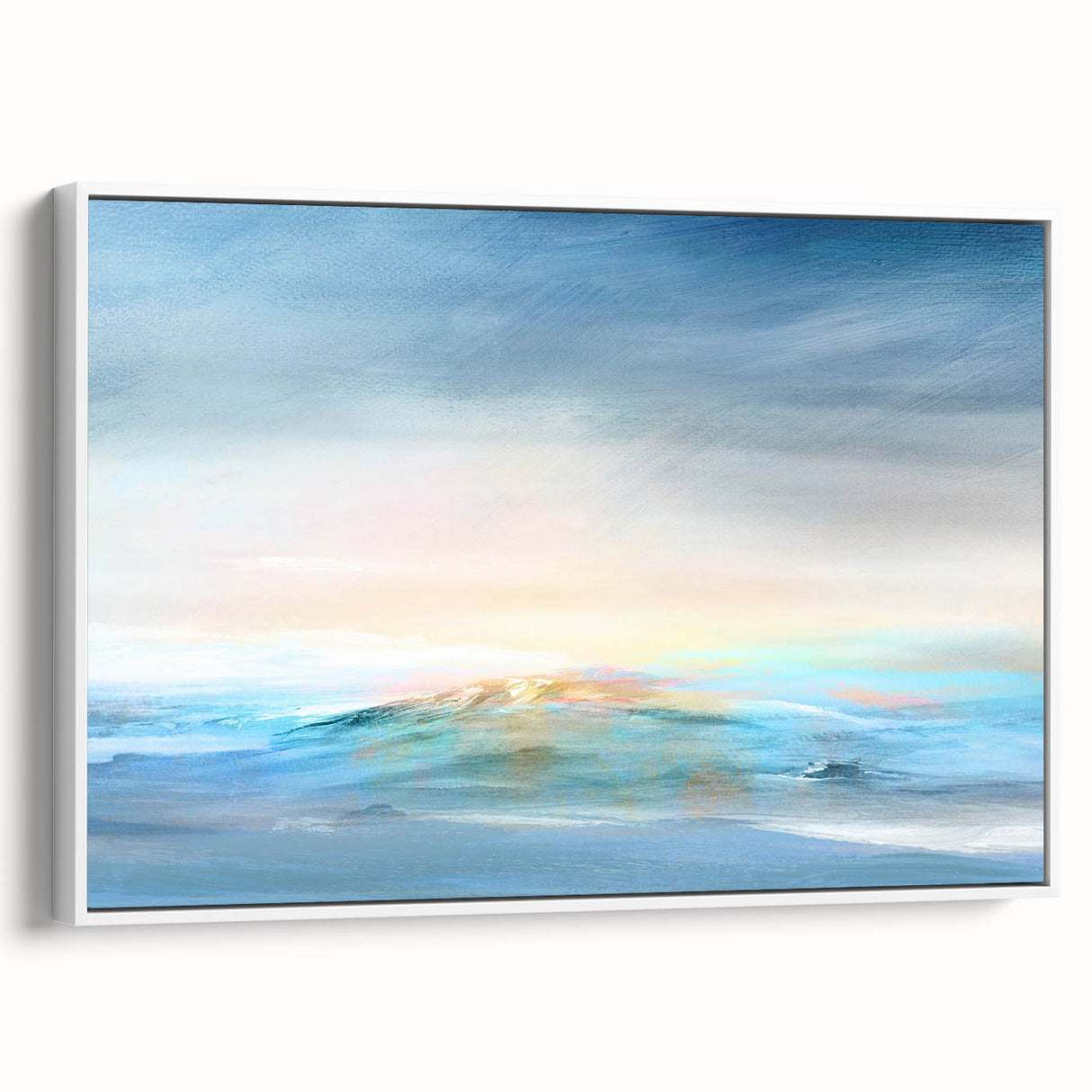 Framed abstract landscape wall art in soft pastel colors, showcasing serene hills and a cloudy sky, displayed from the side against a light background.