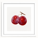 Abstract art print of assorted fruits in muted pastel shades on a white framed poster, suitable for dining room decor.
