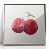 Mid-century modernist art featuring an array of fruits in vibrant colors on a silver-framed acrylic.