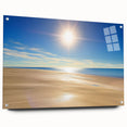 Acrylic wall art design showcasing a vibrant beach landscape, displayed from a side view with decorative pins. Ideal for enhancing coastal-themed interiors.