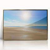 Framed acrylic artwork titled "Design 143" showcasing a serene beach landscape with golden hues, perfect for enhancing modern home decor. Ideal for beach lovers and art enthusiasts.