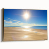 Framed landscape canvas depicting a serene beach scene with vibrant colors and gold frame, ideal for home decor, evoking tranquility and coastal vibes.