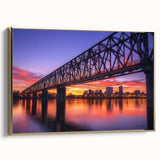 Framed canvas artwork depicting a golden landscape bridge from a side view, showcasing intricate details and vibrant colors, perfect for home decor or art collectors.