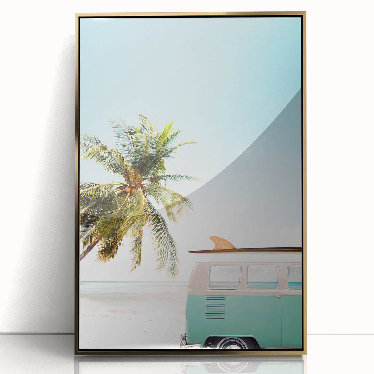 Large acrylic print of a mid-century modernist summer scene with gold frame, ideal for modern nursery wall art.