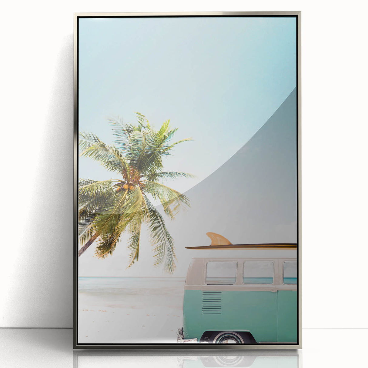 Mid-century modernist art depicting summer season in muted pastels, framed in silver acrylic, suitable for nursery wall art.