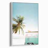 Vintage poster art featuring a colorful summer scene on a large framed canvas, ideal for living room decor.
