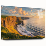 Acrylic glass artwork depicting a stunning landscape of cliffs, showcasing vibrant colors and intricate details, mounted with pins for a modern display.