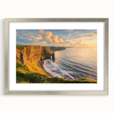 Framed landscape artwork showcasing dramatic cliffs with a silver mat, perfect for home decor or office settings, highlighting natural beauty and tranquility.