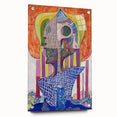 Abstract figurative acrylic artwork displayed in a side view, showcasing vibrant colors and intricate pin details, perfect for contemporary home decor.