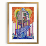 Gold-framed abstract figurative art piece with a mat, showcasing vibrant colors and intricate details, perfect for modern home decor and artistic spaces.