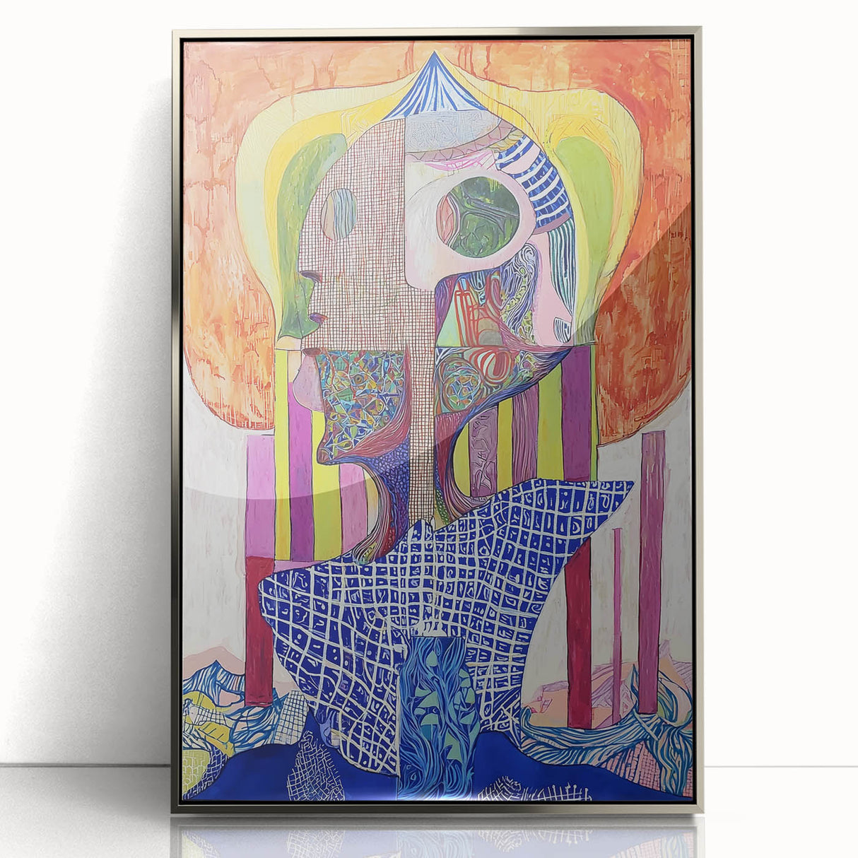 Framed acrylic artwork depicting an abstract figurative design in silver tones, showcasing modern aesthetic appeal. Ideal for contemporary home decor, this piece enhances any living space with its striking visual impact.