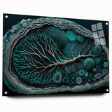 Abstract floral wall art displayed in an acrylic glass frame, featuring vibrant colors and intricate designs, complemented by decorative pins for mounting.