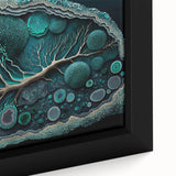 Close-up of a framed abstract floral wall art piece, showcasing vibrant colors of pink, blue, and green against a textured background, ideal for home decor enhancement.