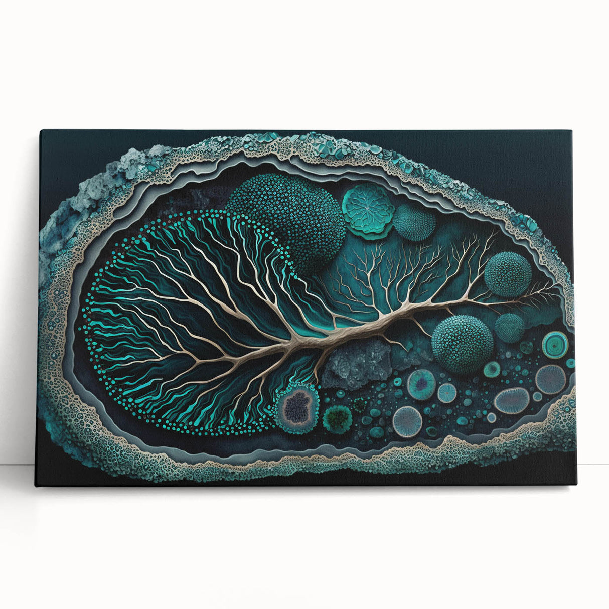 Abstract floral wall art on stretched canvas, showcasing vibrant colors and intricate patterns, ideal for modern home decor. This piece leans elegantly against a neutral background, enhancing any interior space with its artistic flair.