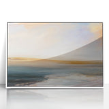 Framed abstract landscape wall art in white acrylic, showcasing vibrant colors and dynamic shapes, ideal for modern home decor. Perfect for enhancing living spaces.