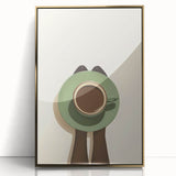 Large art print of colorful food and drinks in a mid-century modernist style on a gold-framed acrylic.