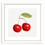 Abstract art print featuring assorted fruits in bold colors on a white framed mat, ideal for dining room decor.