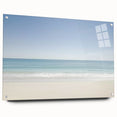 Acrylic glass art piece showcasing a vibrant beach landscape in a side view, featuring colorful pins for hanging. Perfect for coastal-themed decor.