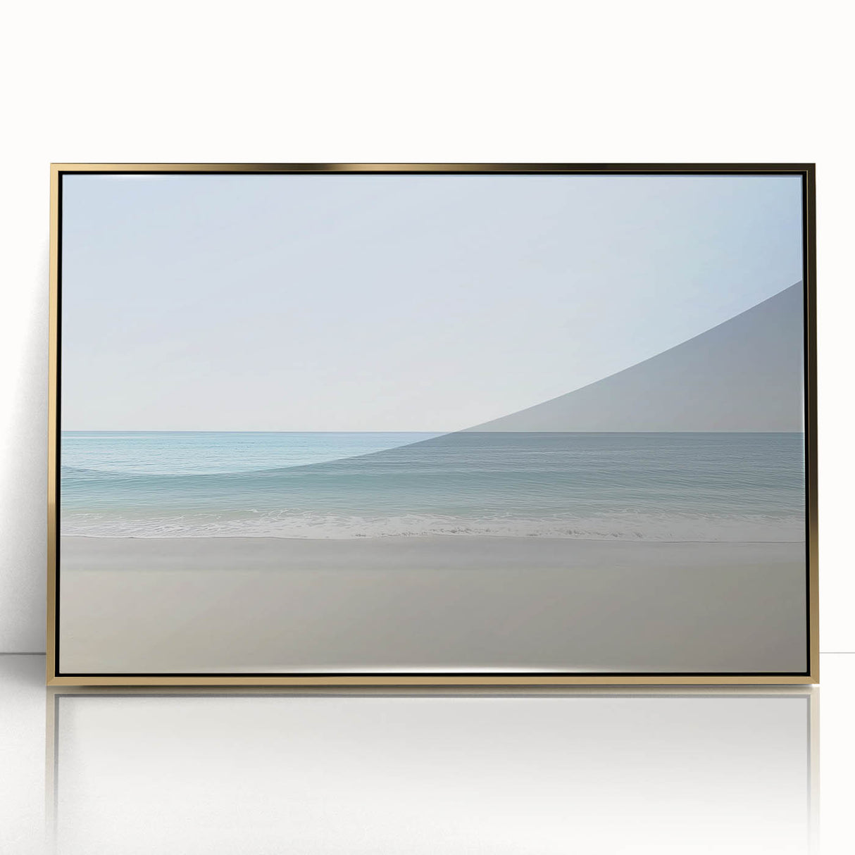 Framed acrylic artwork showcasing a serene beach landscape with vibrant colors and textured details, set in a stylish gold frame, perfect for home decor.