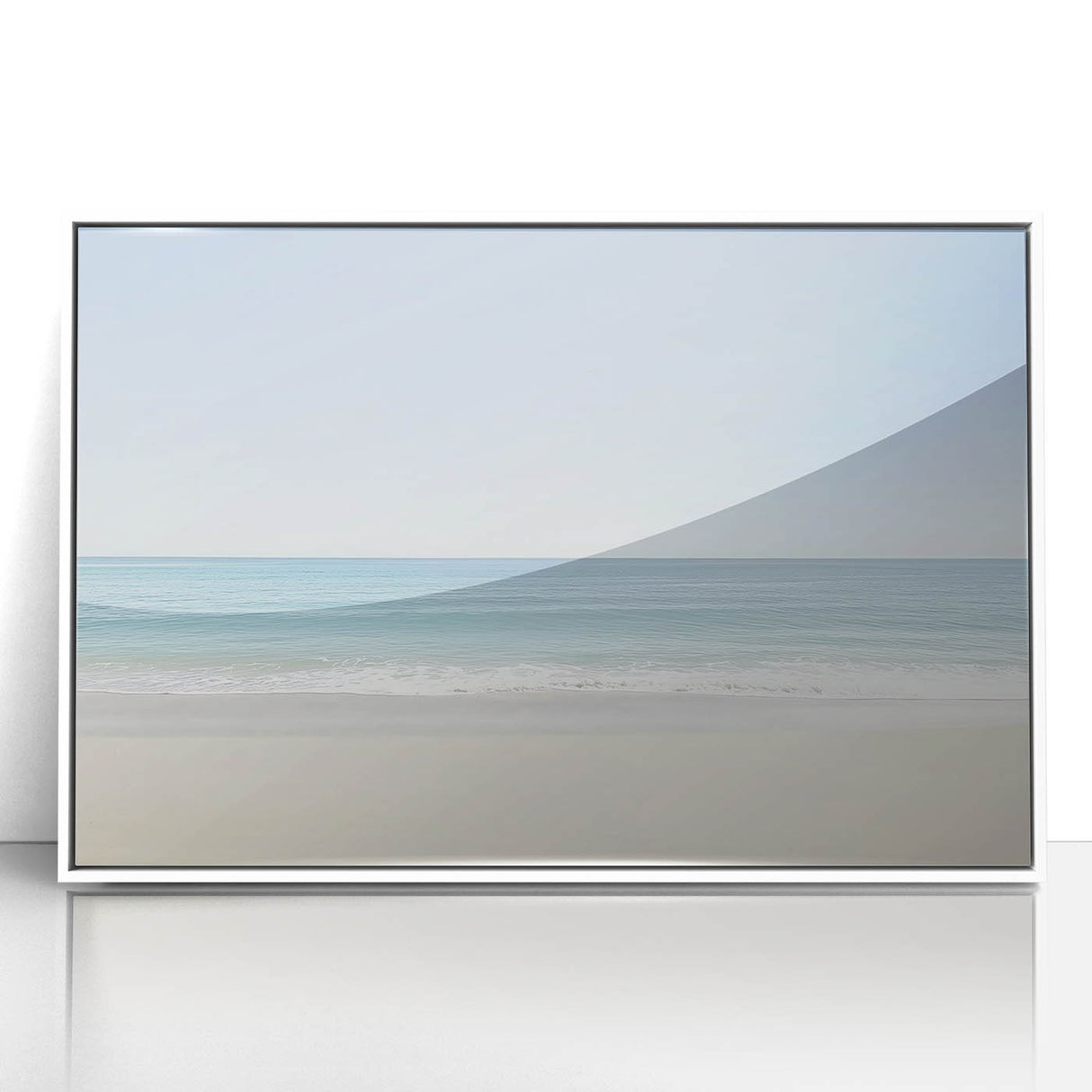 Framed acrylic artwork depicting a serene beach landscape with soft waves and clear blue skies, presented in a sleek white frame, perfect for coastal-themed decor.