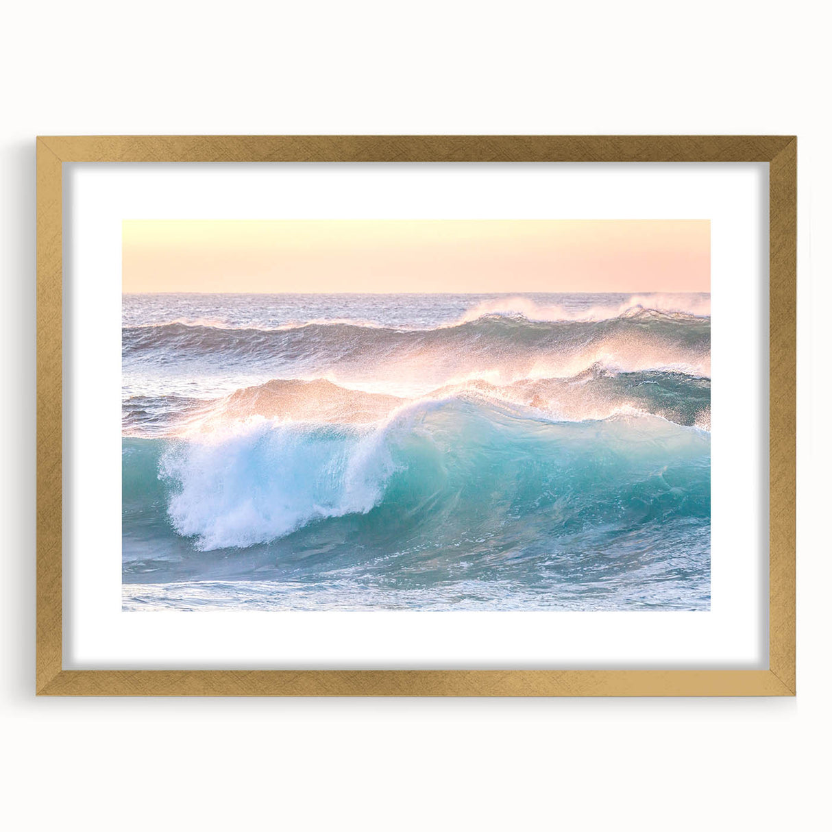 Extra large abstract art print with textured summer design in warm orange and yellow tones on a gold-framed canvas.