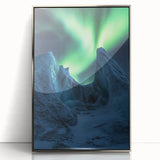 Framed acrylic artwork depicting rugged cliffs in a serene landscape, showcasing silver accents for a modern touch, ideal for home or office decor.