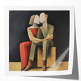 Abstract figurative art print showcasing vibrant colors and dynamic shapes, displayed in a glossy finish, perfect for modern home decor.