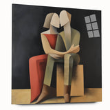 Abstract figurative acrylic artwork displayed on glass, showcasing vibrant colors and dynamic shapes, perfect for modern home decor. Side view highlights the unique texture and depth, adding a contemporary touch to any space.
