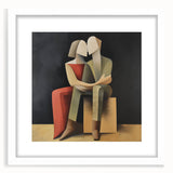 Abstract figurative art frame with a white mat, showcasing vibrant colors and dynamic shapes, perfect for modern home decor. Ideal for gallery walls or artistic displays.