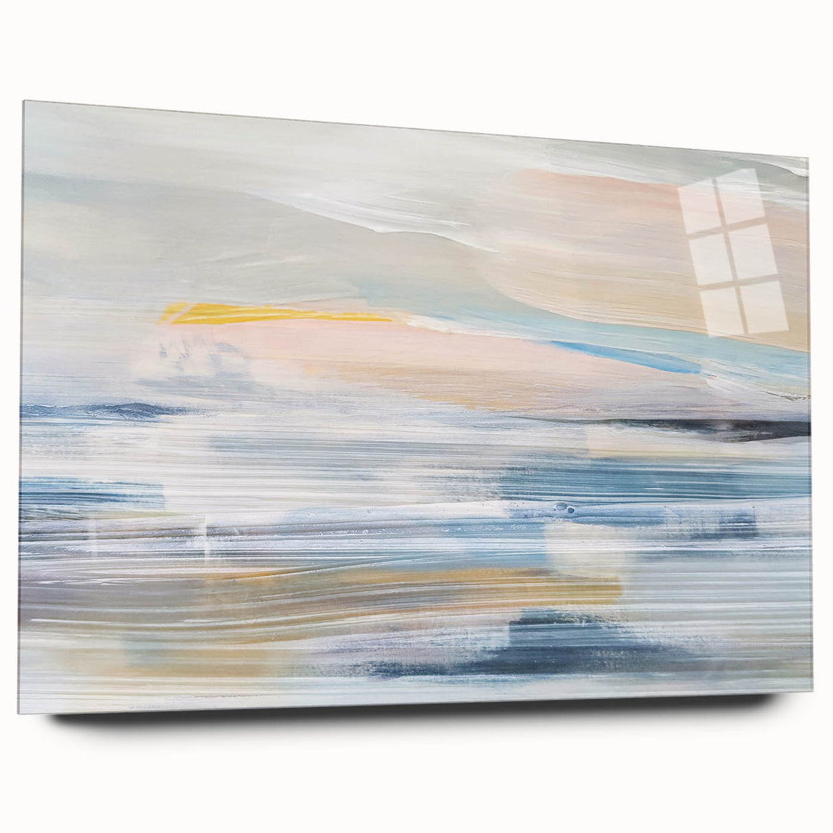 Abstract landscape wall art displayed in a sleek acrylic glass frame, showcasing vibrant colors and fluid shapes, ideal for modern home decor.