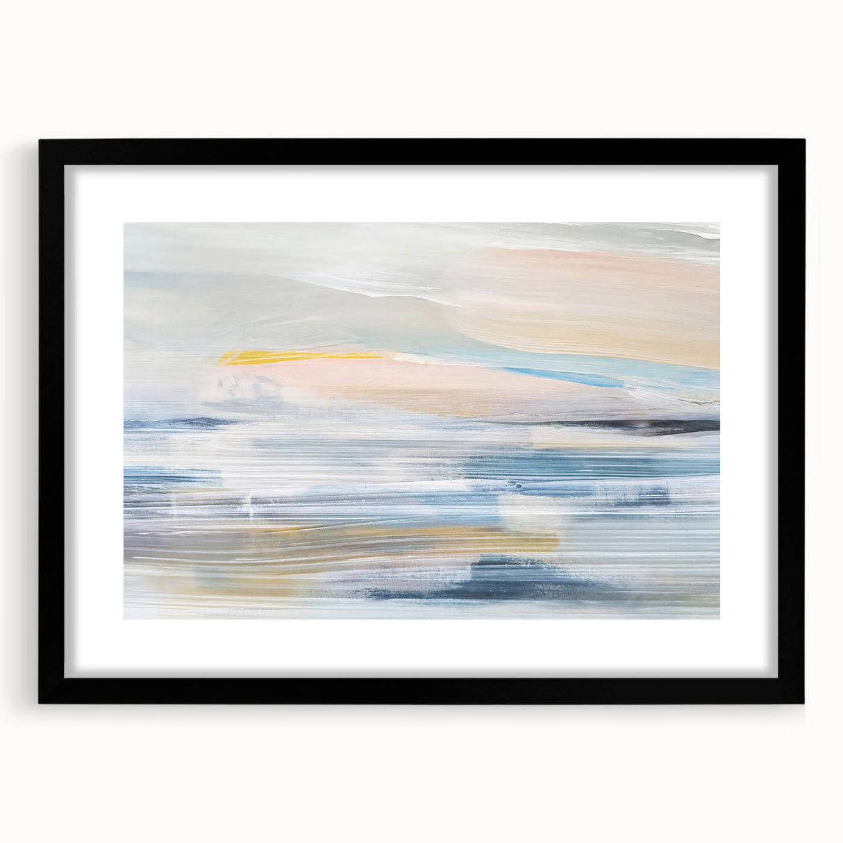 Abstract landscape wall art framed in black with a white mat, showcasing vibrant colors and flowing shapes, perfect for modern home decor.