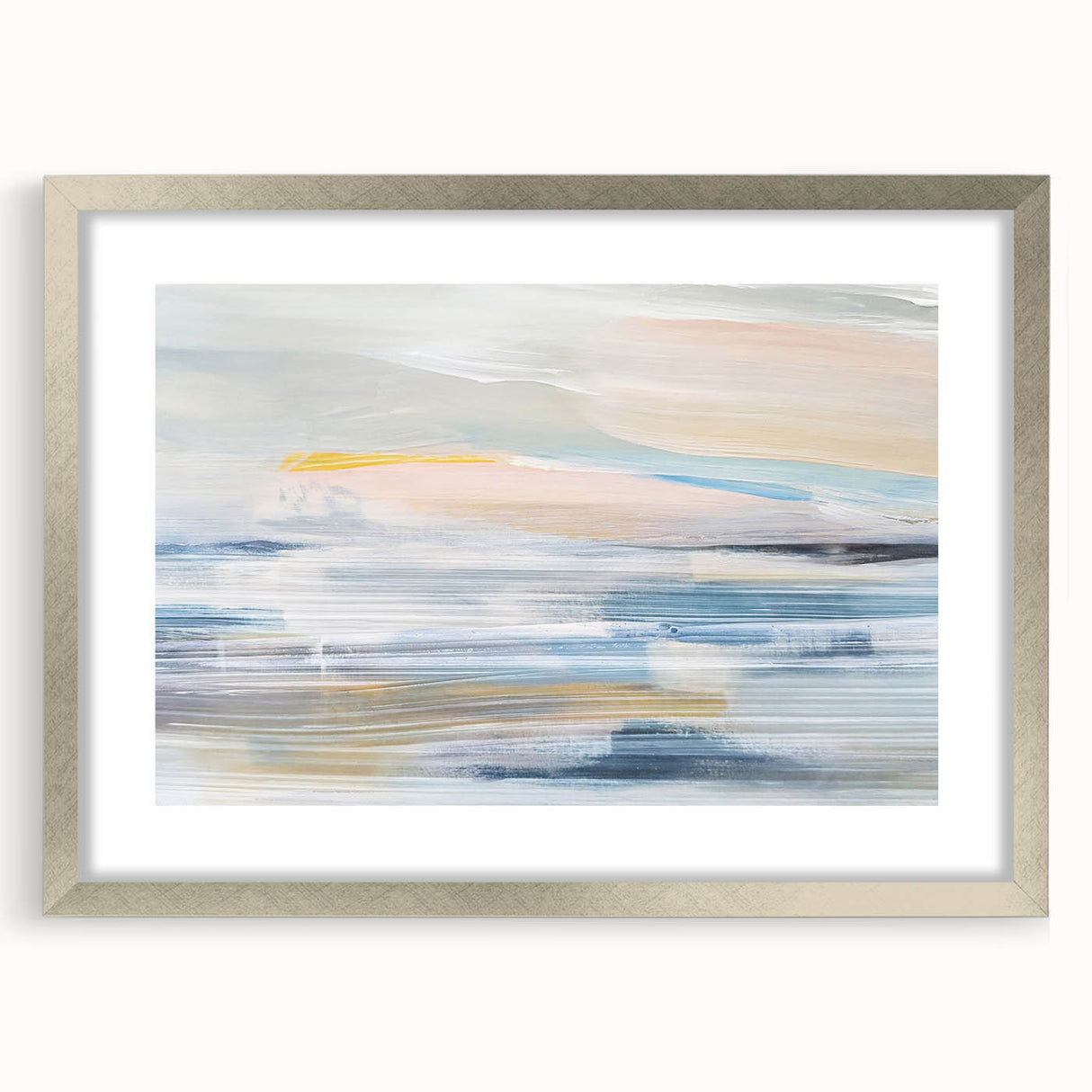 Abstract landscape wall art featuring muted colors and geometric shapes, framed with a silver border and white mat, perfect for modern decor.