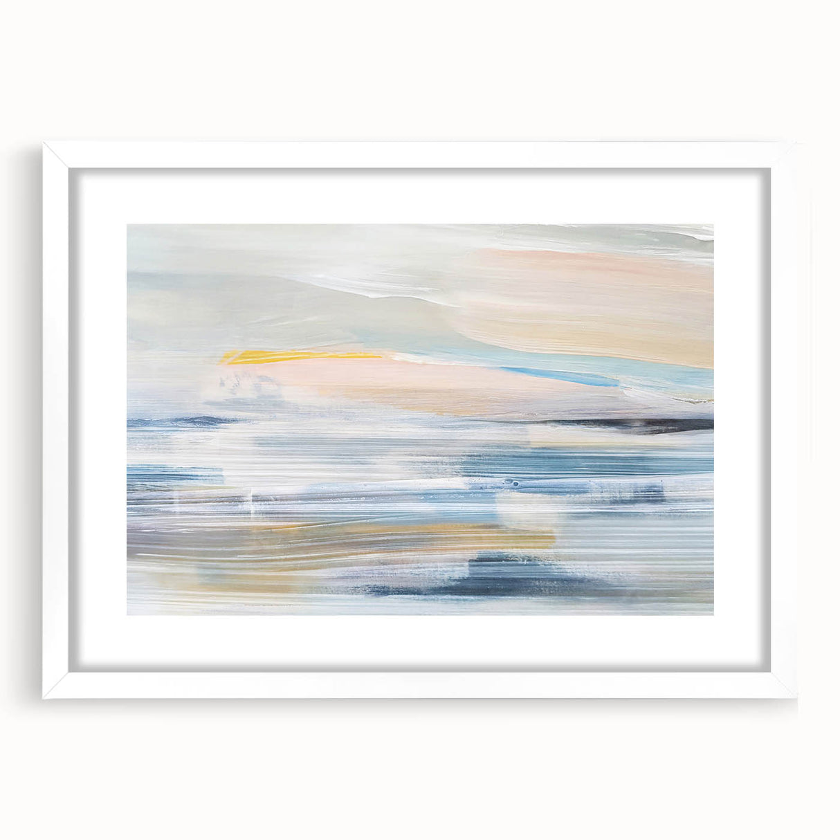 Abstract landscape wall art featuring vibrant colors and geometric shapes, framed with a white mat. Ideal for modern home decor to enhance artistic ambiance.