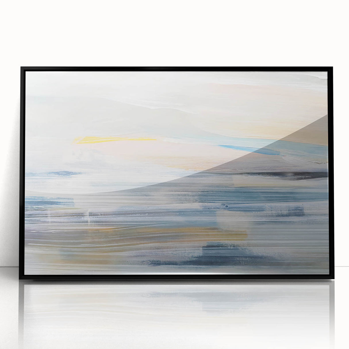 Framed abstract landscape wall art featuring vibrant colors and dynamic shapes, set in a sleek black frame, ideal for modern home decor accents.