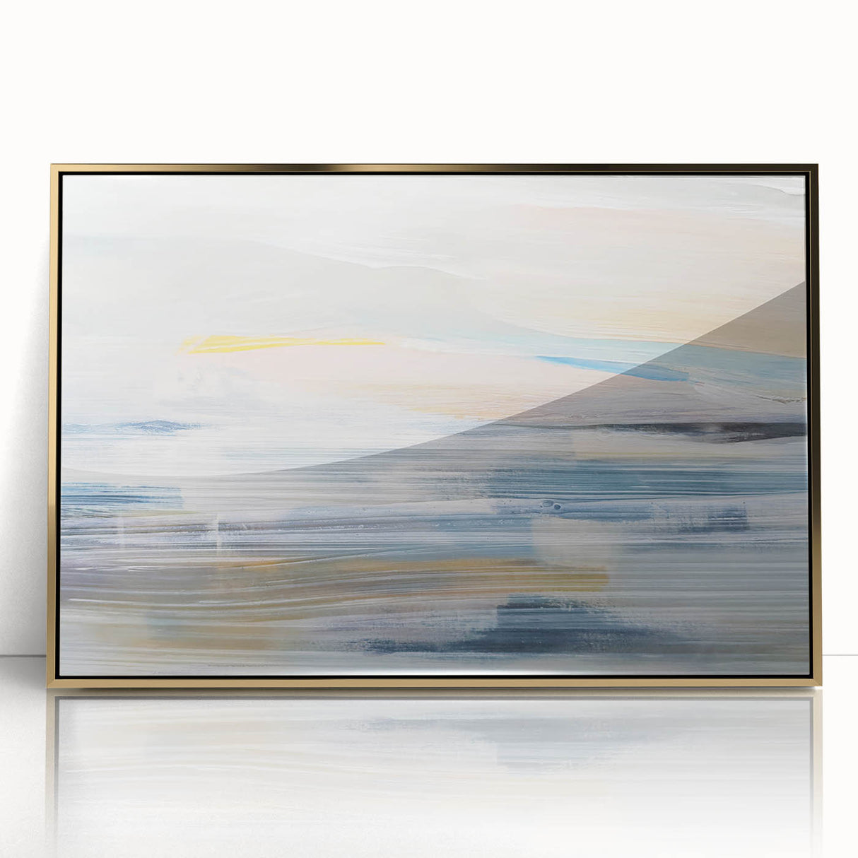 Framed abstract landscape wall art featuring rich gold accents and a modern design, perfect for enhancing contemporary home decor. Ideal for living rooms and offices.