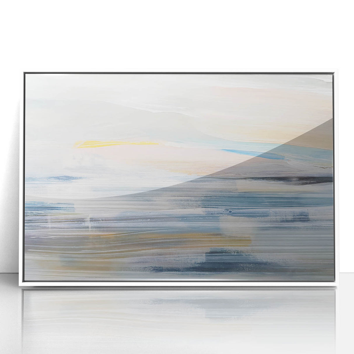 Framed abstract landscape wall art in white acrylic, showcasing vibrant colors and fluid shapes, perfect for modern home decor. Ideal for enhancing living spaces.