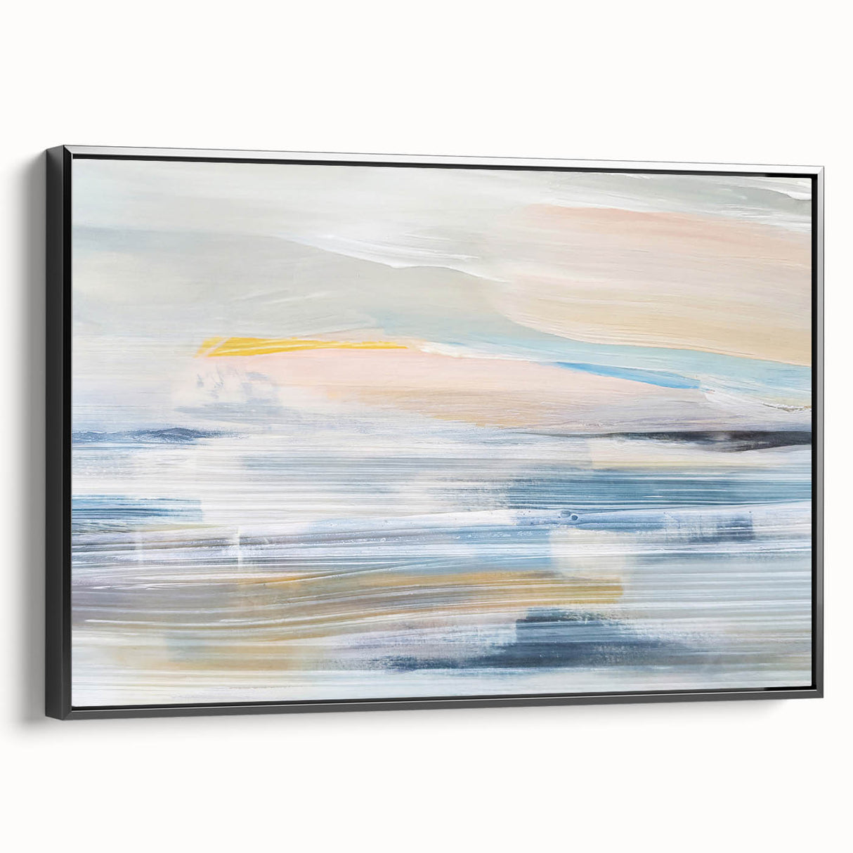 Abstract landscape wall art featuring vibrant colors in a framed canvas, showcasing a modern design with a sleek black frame, perfect for contemporary decor.
