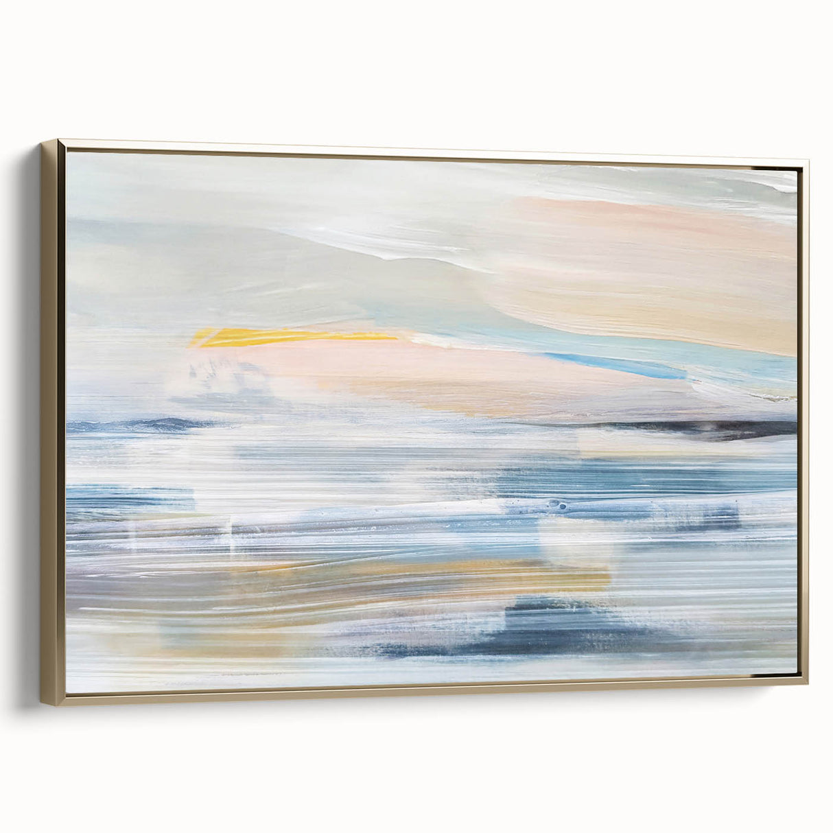 Framed abstract landscape wall art featuring a gold accent, displayed in a modern setting. The canvas showcases soft hues of blue and green, adding elegance to home decor.